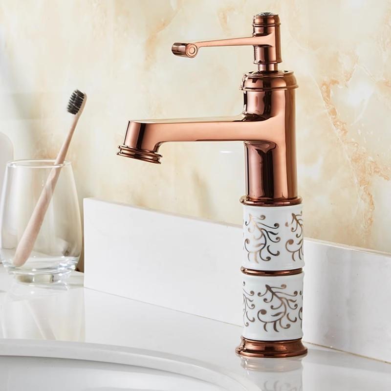 Gold Bathroom Faucet Brass and Ceramic Rose Gold Basin Faucet Deck Mounted Bathroom Water Tap Hot & Cold Mixer Tap Sink Faucet