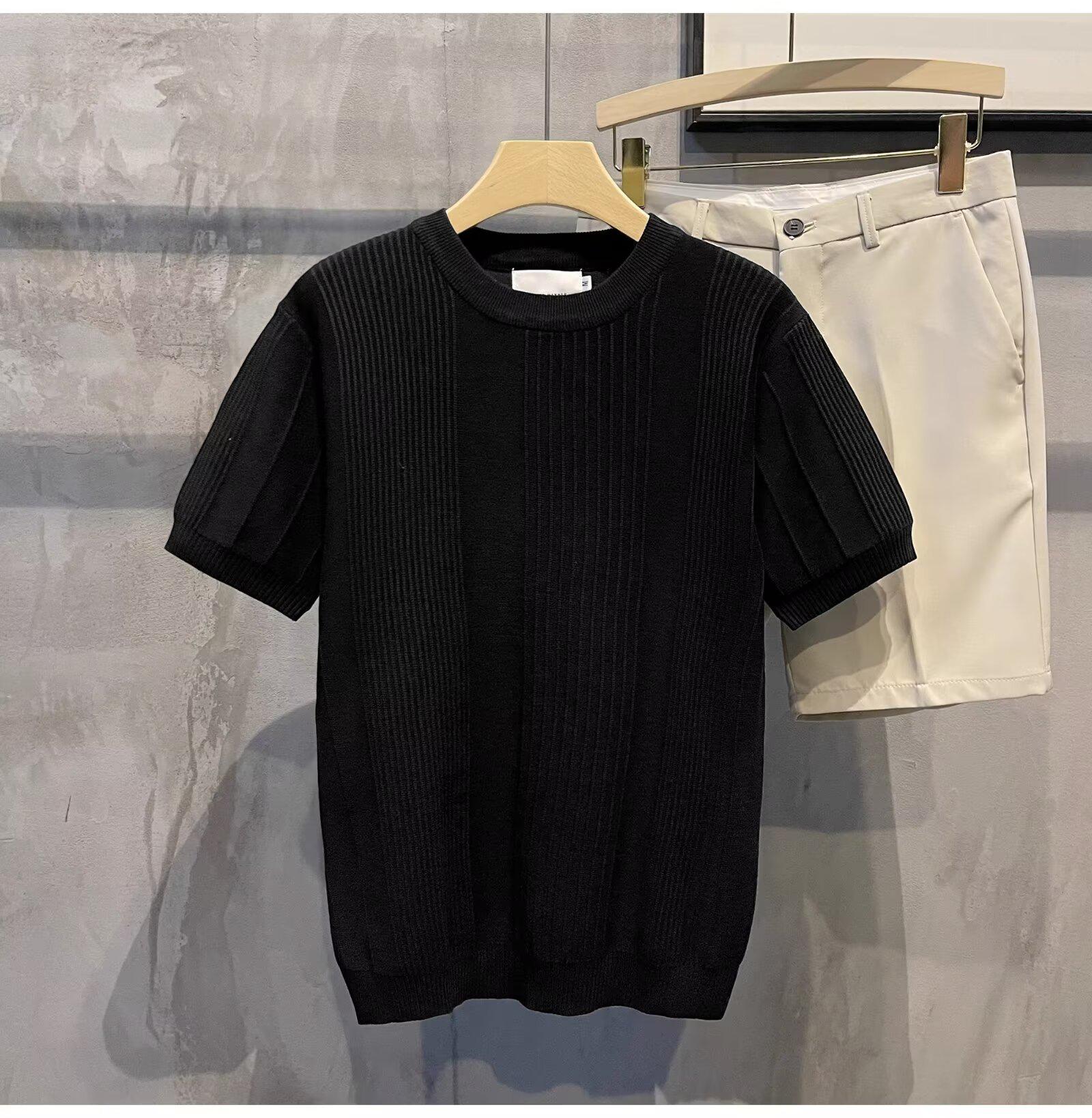 Men s White Jacquard Short-Sleeve Sweater - Versatile, Stylish  & Lightweight for Spring and Autumn M чёрный