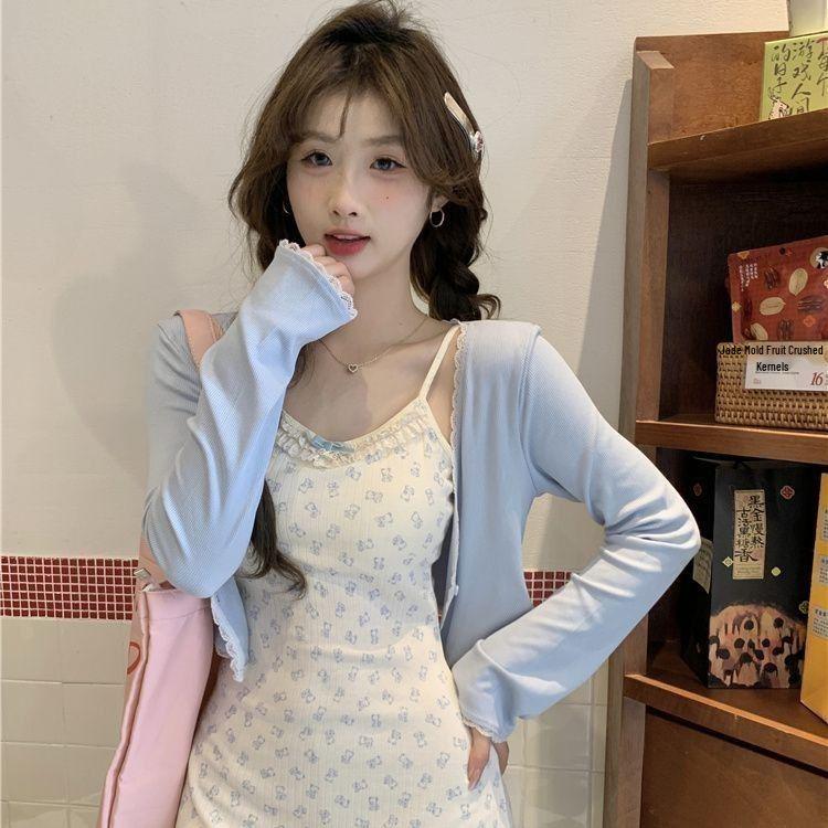 

Floral Lace Cardigan & Camisole Dress Two-Piece Set for Women - Sweet & Fresh (Long/Short Sleeves) S (For 40-50 kg)