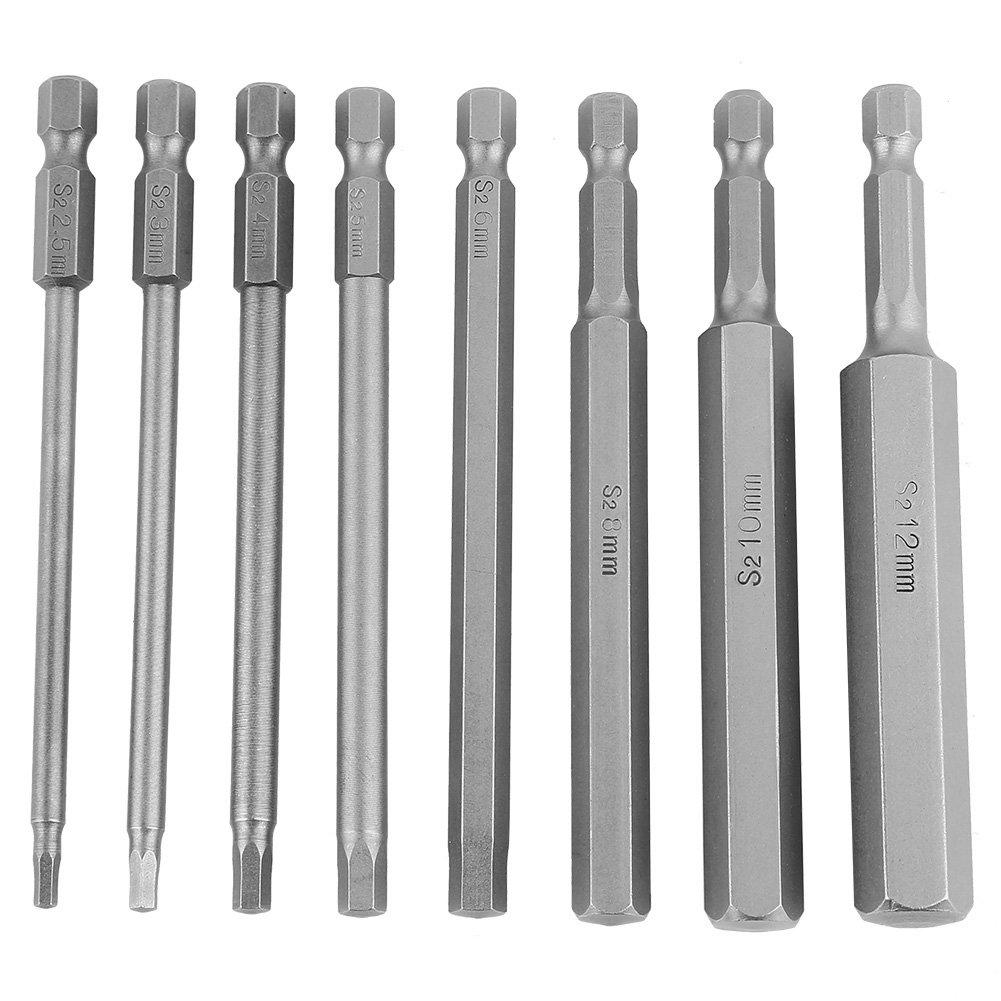 Hilitand Hex Bit 100mm Total Shank with Set Set, Length, 6.35mm Diameter, Magnets, 2.5/3/4/5/6/8/10/12mm Bits, 8-Piece
