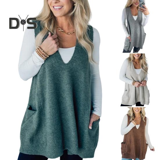 Women Sweater V-neck Sleeveless Solid Color Knitting Vest with Pockets Ribbed Trim Loose Fit Mid-length Casual Knitwear