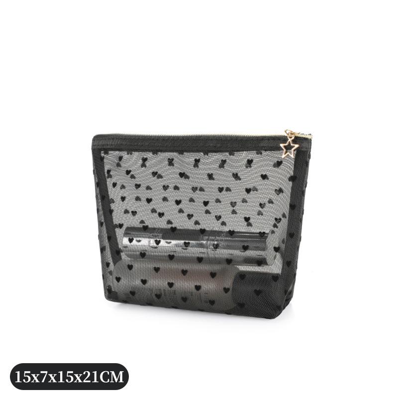 1pc Women Makeup Bag, Mesh Heart Flocked Decor,  Minimalist Mesh Heart Design Large Capacity, For Daily Use & Travel Makeup