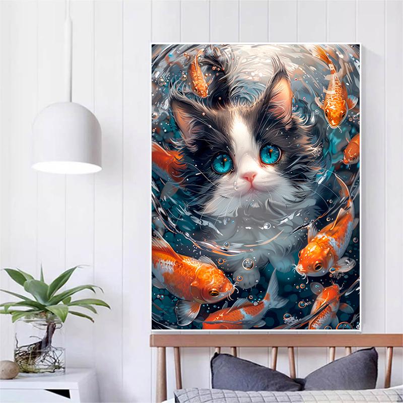 5d DIY Diamond Painting Cross Stitch Animals Cats And Goldfish Diamond Embroidery Mosaic Full Round Drill Home Decor
