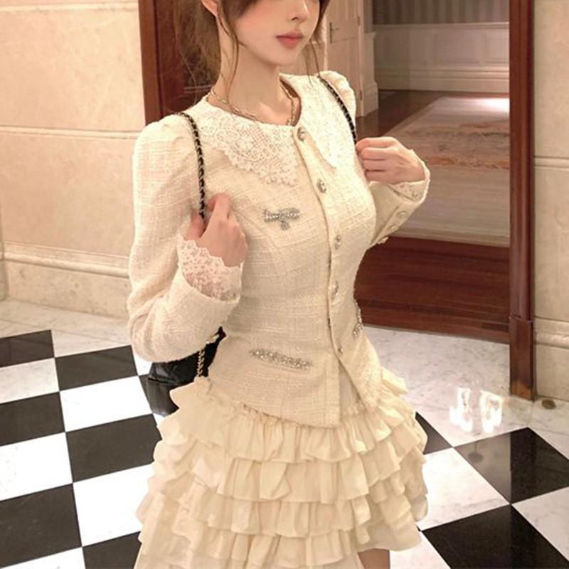 Korean Style Elegant Two Piece Set Women Long Sleeve Jacket High Waist Mini Skirt Outfit