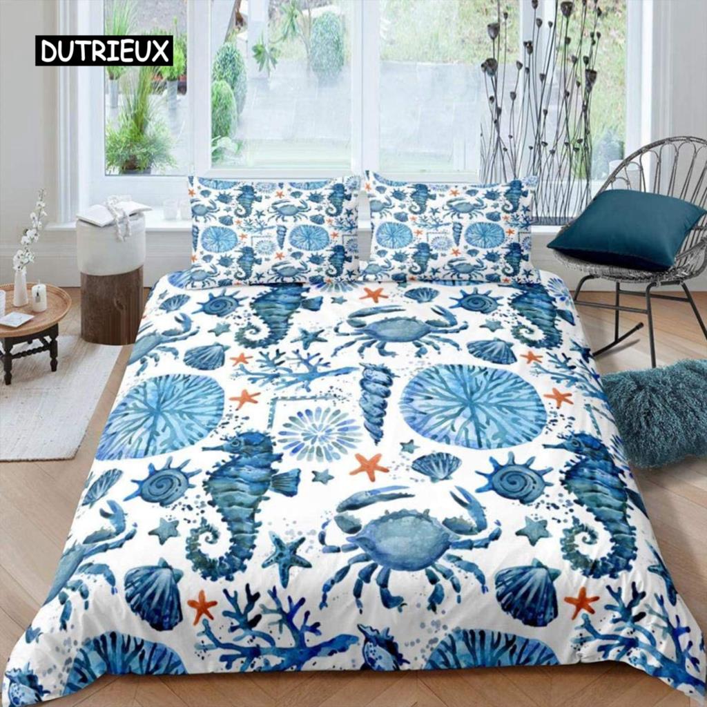Seahorse Bedding Set Ocean Animal Duvet Cover Underwater World Orange Coral Marine Life Sea Urchin Soft Women Kid Bedroom Decor