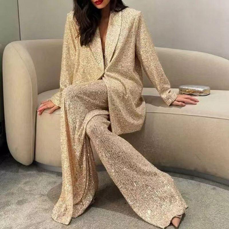 

European and American Fashion Sequin Blazers Trousers Temperament Commuting One Button Set Women Sequin Set Light Gold XXL