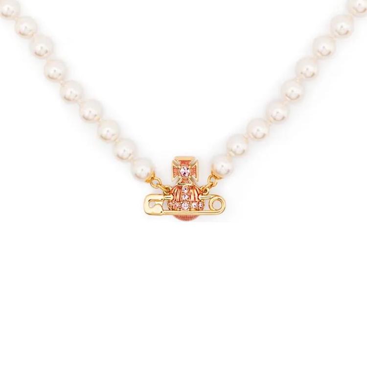 

Vivienne Westwood Logo Plate Brass Gold Plated Imitation Pearl Necklace Women necklace 6301011O-02R859 Basic Packaging-Dust Bag+Box
