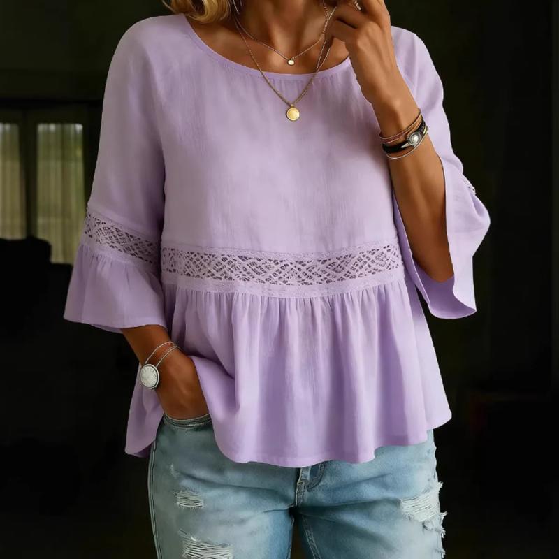 2026 Spring/Summer Fashion Women's Solid Color Round Neck Ruffle Sleeve Casual Top