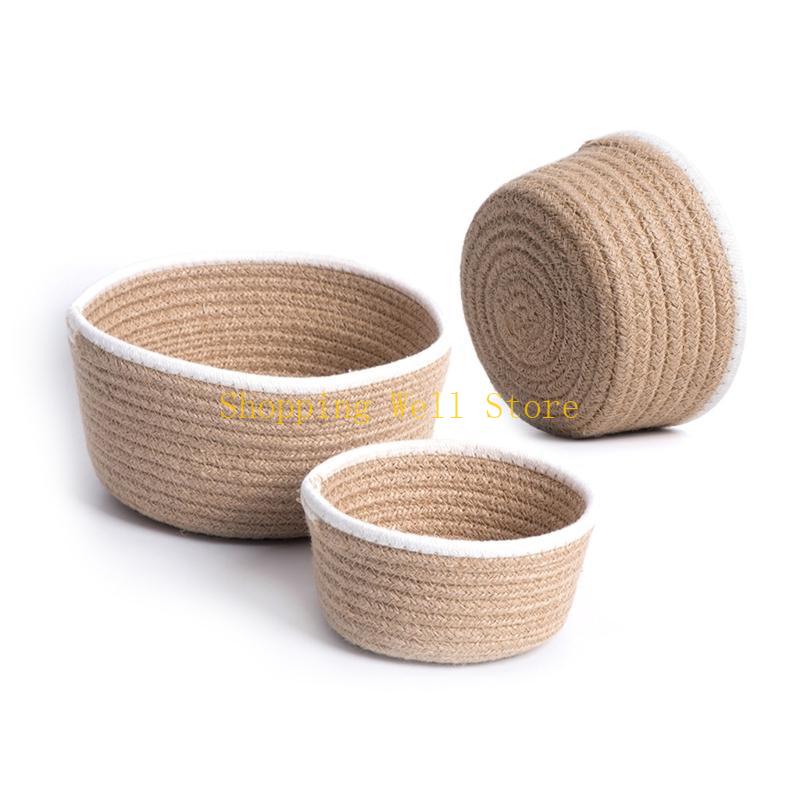 KX4B 3Pcs Round Braided Linen Baskets Handwoven Linen Rope Organization Baskets Portable Round Storage Container