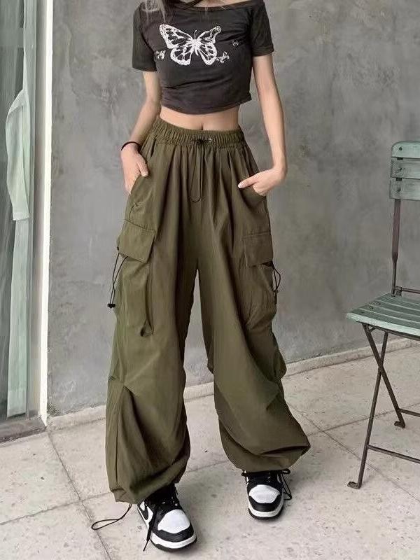 Schwarze Fallschirmhose mit hohem Bund – Lässig, weit geschnitten, Petite Jazz-Tanzbekleidung für Frühling und Herbst