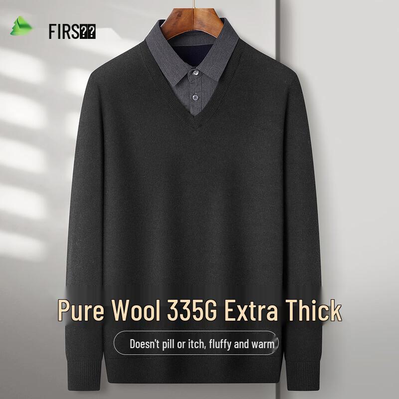 FIRS Men's Faux Two-Piece V-Neck 100% Wool Sweater