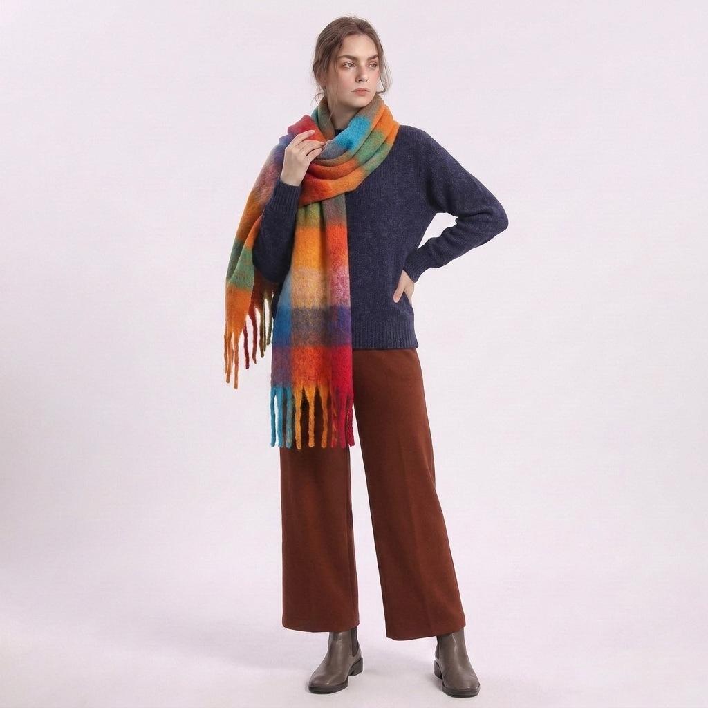 | Imitation mohair plaid scarf | Autumn and winter warm AC grid | Support LOGO customization