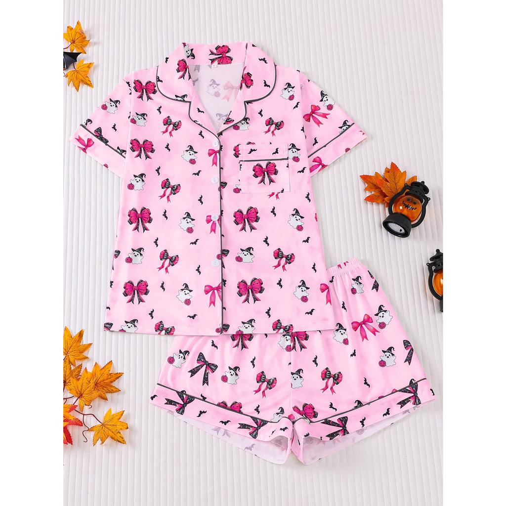 Ladies Pajamas Halloween Printed Lapel Short Sleeve Shorts Loungewear Set