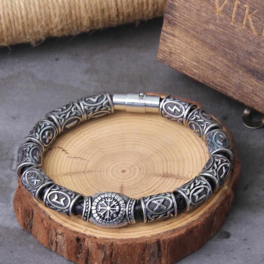 Stainless Steel Viking Runes Beads Bracelet for Men with Wooden Box Fashion Charm Beads Gift