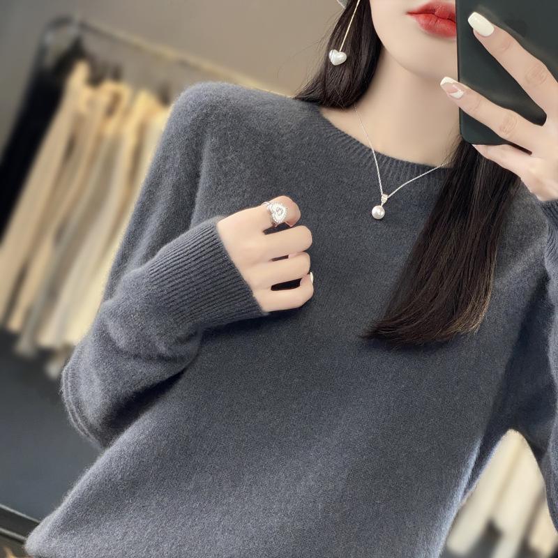 Women's Pure Wool Loose Knit Cashmere Sweater - Round Neck, Long Sleeve, Soft Base Layer for Autumn/Winter
