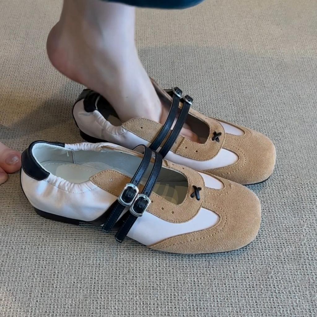 Sheepskin version~ New double-breasted hollow matte German training shoes women's retro color matching sports flat Mary Jane single shoes