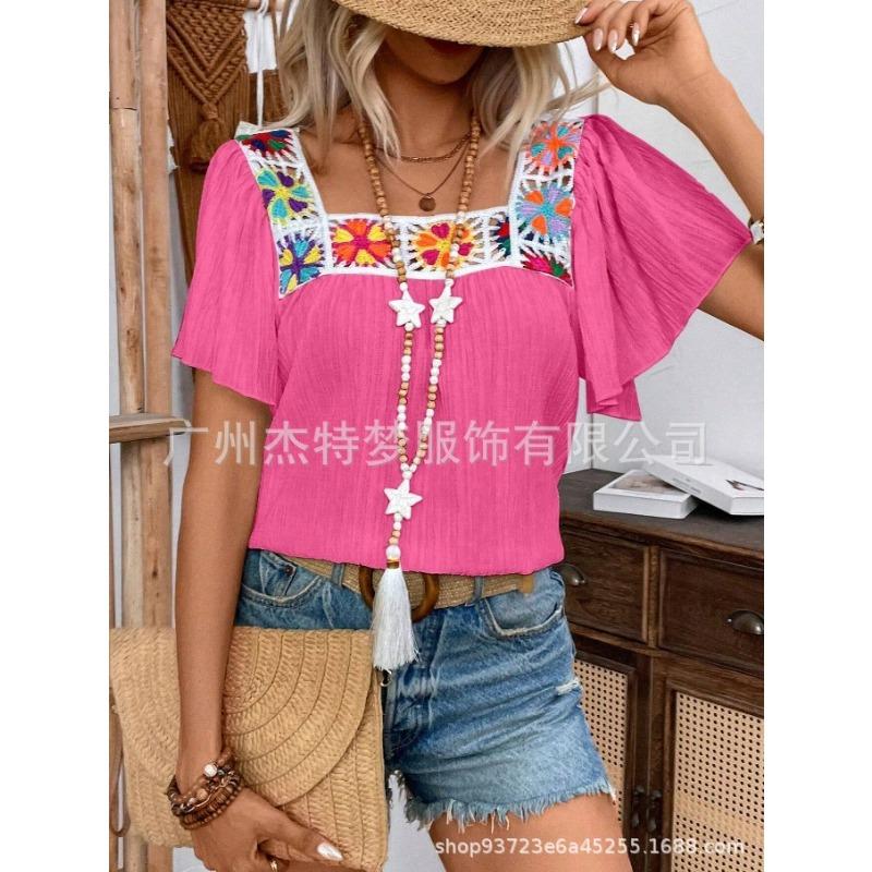 Women's Summer New Style Square Collar Crochet Lace Short Sleeved Blouse