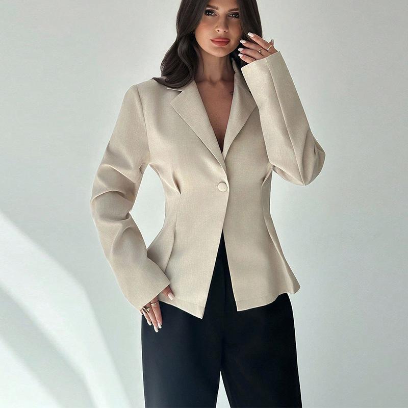2025 Autumn Winter Women's Single Button Blazer, V-Neck Waist-Defining Open Front Cardigan with Solid Color Design, French Style Office Coat
