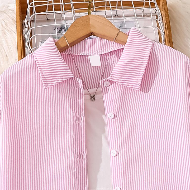 Teenagers Children Set 2025 Autumn New Girls Ripped Jeans Long Sleeve Striped Shirt Pink Hip-Hop Style Two-Piece Set