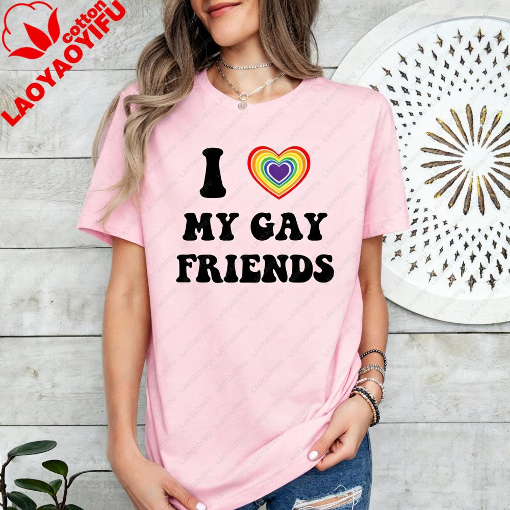 I Love My Gay Friends TShirt Retro Pride Ally Shirt Lgbtq Ally Stateunisext Tee Rainbow Heart Printed Tshirt Unisex Summer Cotton T