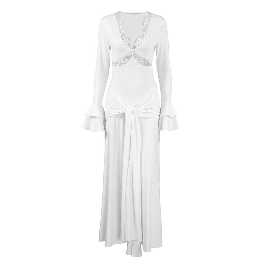 European and American white lace dress women's high sense autumn sexy slim V-neck dress skirt temperament long dress women's clothing