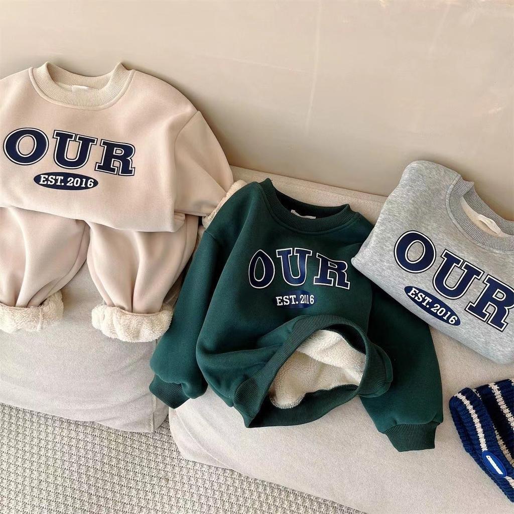 Kids Round Neck Long Sleeve Letter Print Thick Sweatshirt Set for Autumn Winter