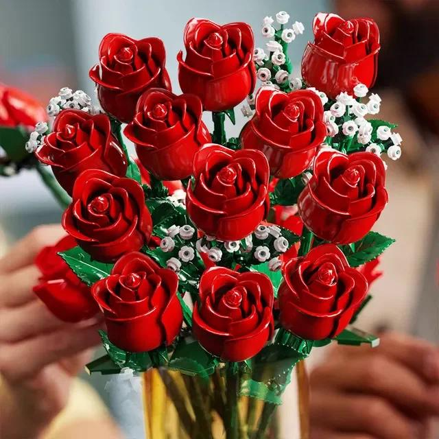 Creative Icon Rose Bouquet 10328 Brick Set Artificial Flowers for Home Decoration Anniversary Birthday Gifts