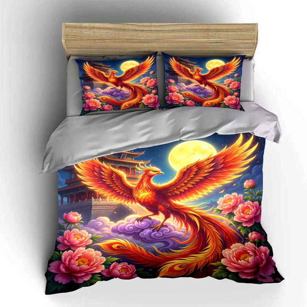 3Pcs Majestic Phoenix Under Full Moon Duvet Cover Set With 3D Printing Design Soft Polyester Bedding Set All-Season Comfort