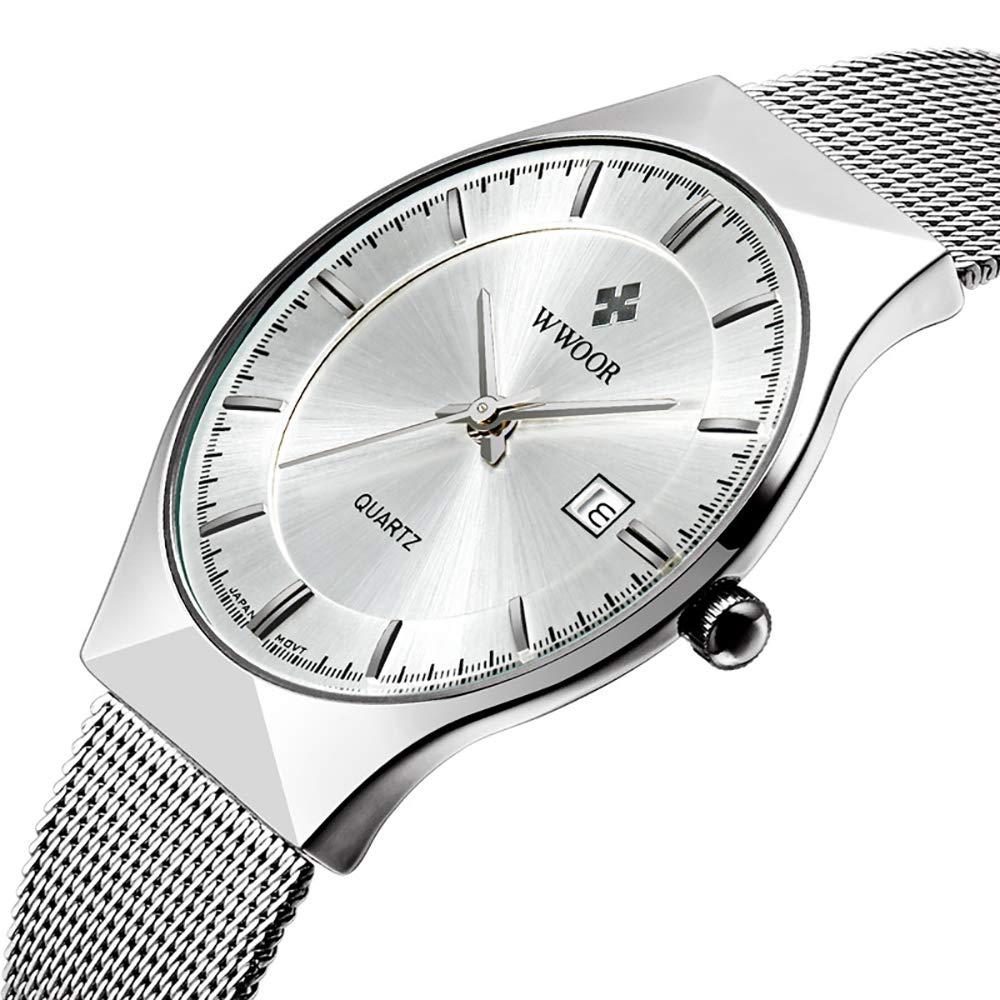 YGB Mens Wristwatch Stainless Steel Mesh Belt Casual Luxury Quartz Watch Ultra-thin Simple Waterproof Fashion White