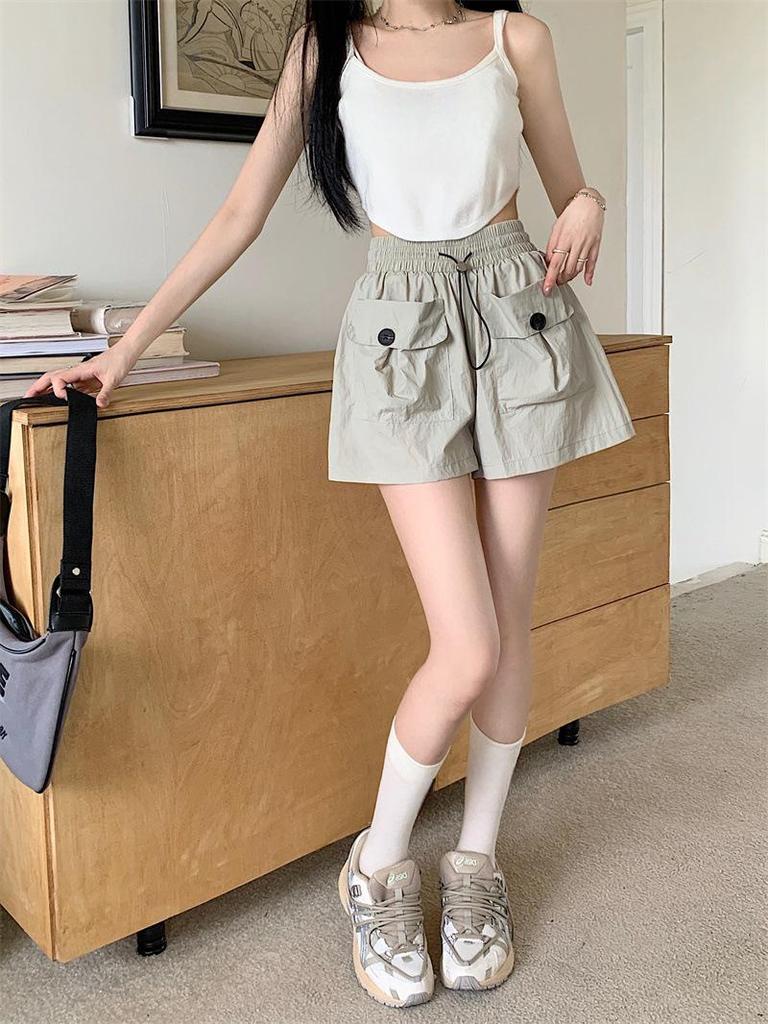 Summer 2024 Women's Gray High-Waisted Wide-Leg Casual Shorts with Double Pockets and Drawstring