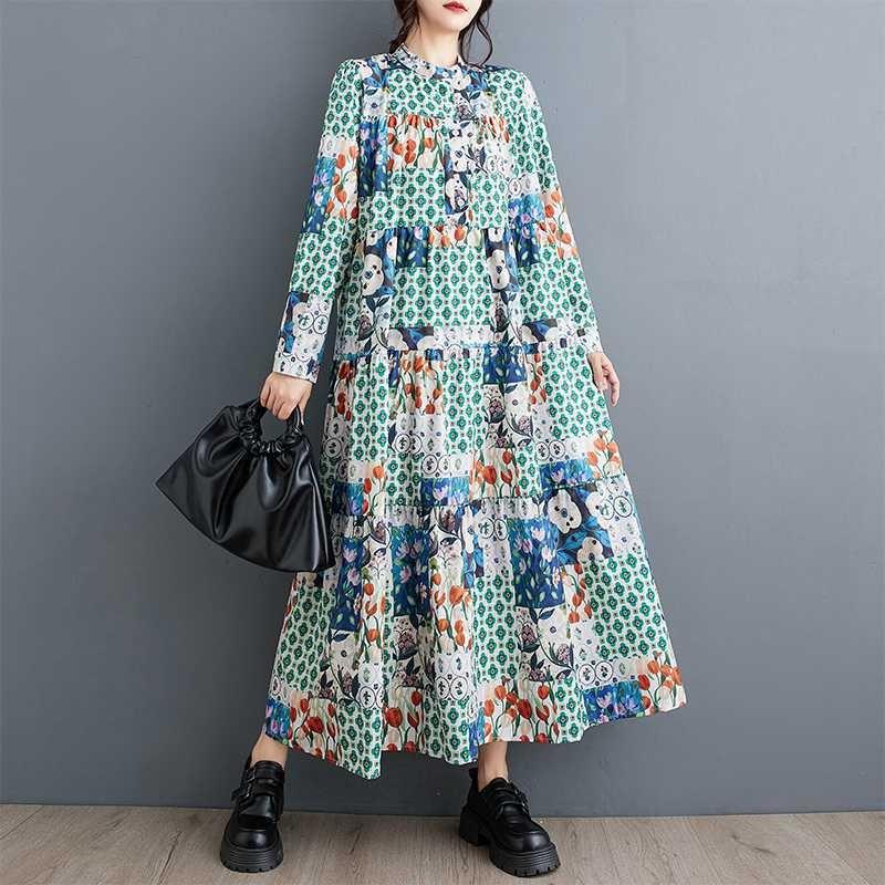 New Large Size Loose Thin Fashion Long-sleeved Printed Mid-length Dresses