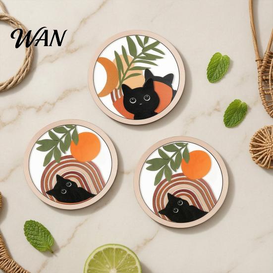 Thermal Insulation Coaster 4Pcs Healing Black Cat Wooden Coaster, Creative Heat Mat, Anti Slip Thickened Desk Protector for Coffee Cup Resistant