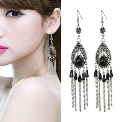 Women Earrings Drop-shaped Long Tassel Rhinestone Inlaid Sweat-proof Anti-rust Chinese Style Drop Earrings