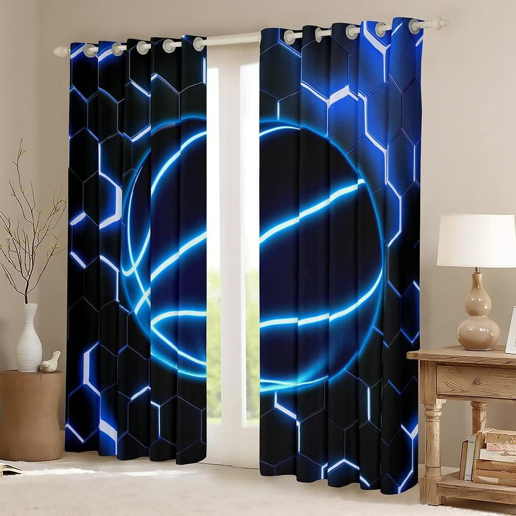 Honeycomb Hexagonal Fluorescent Print Curtains Football Baseball Basketball Curtains for Sports Boys Bedroom Blinds Window 2PCS