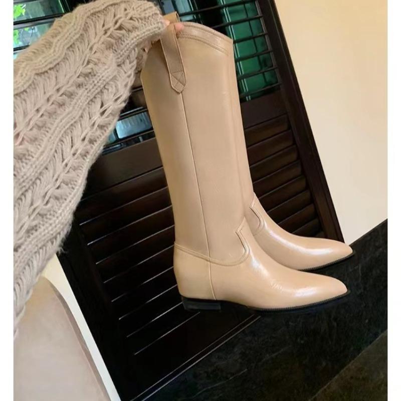 Cowhide~ V-mouth But Knee-high Boots Pointed Western Boots Leather Knight Boots Women's Boots