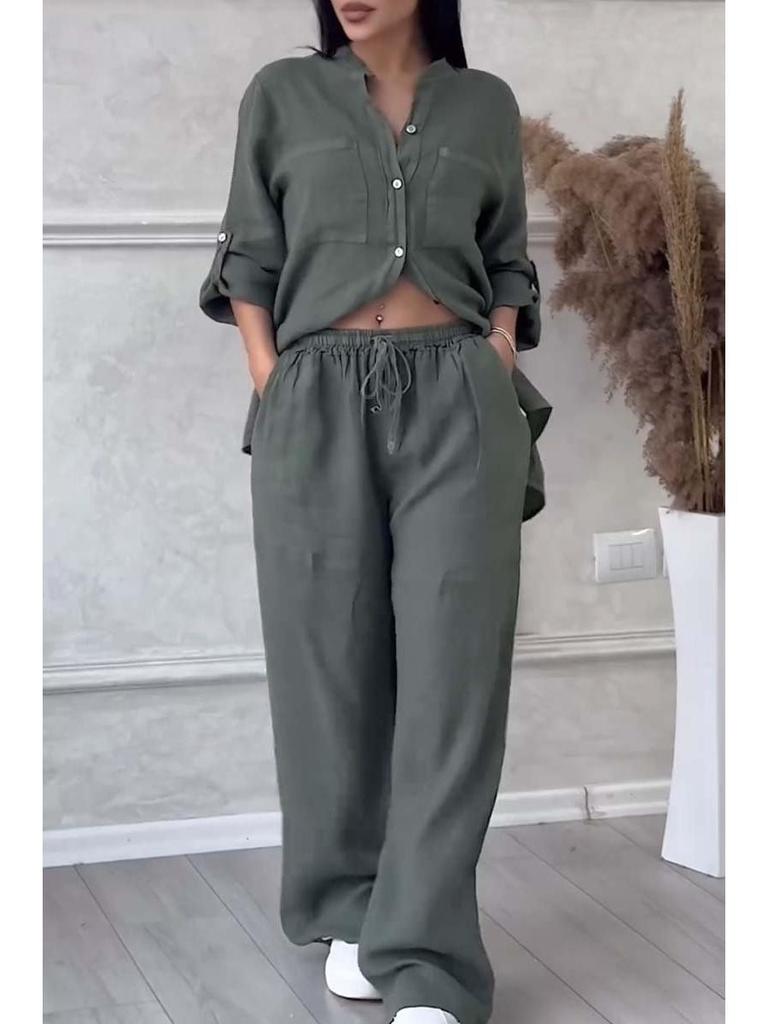 2024 Damen Einfarbig Einreihig Langarmhemd & Weitbein Hosen mit Bindegürtel Set