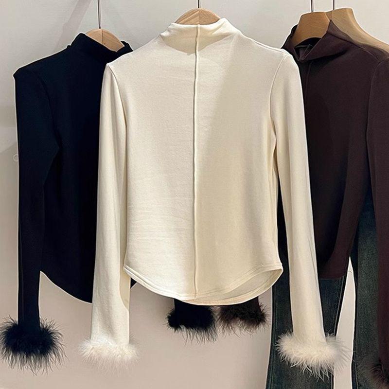 

Women s Plus Size Thermal Fleece T-Shirt with Fuzzy Cuffs and Half-High Collar - Slim Fit, Long Sleeve for Autumn/Winter 2XL абрикосовый