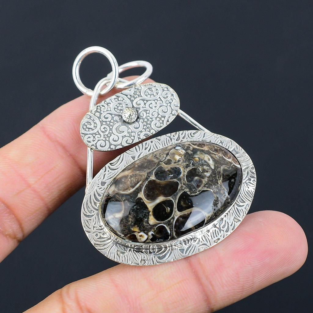 Daughters Day Sale 925 Silver Turritella Agate Gemstone Handcrafted Wife Pendant