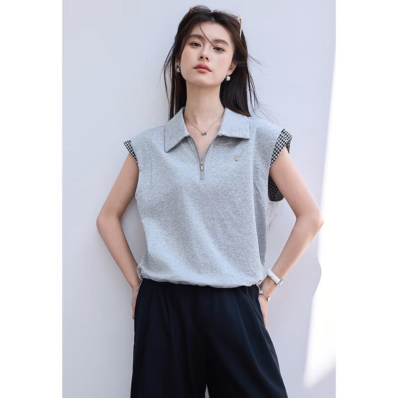 VICTORIA&VERA Women's Commuter Lapel Gingham T-Shirt