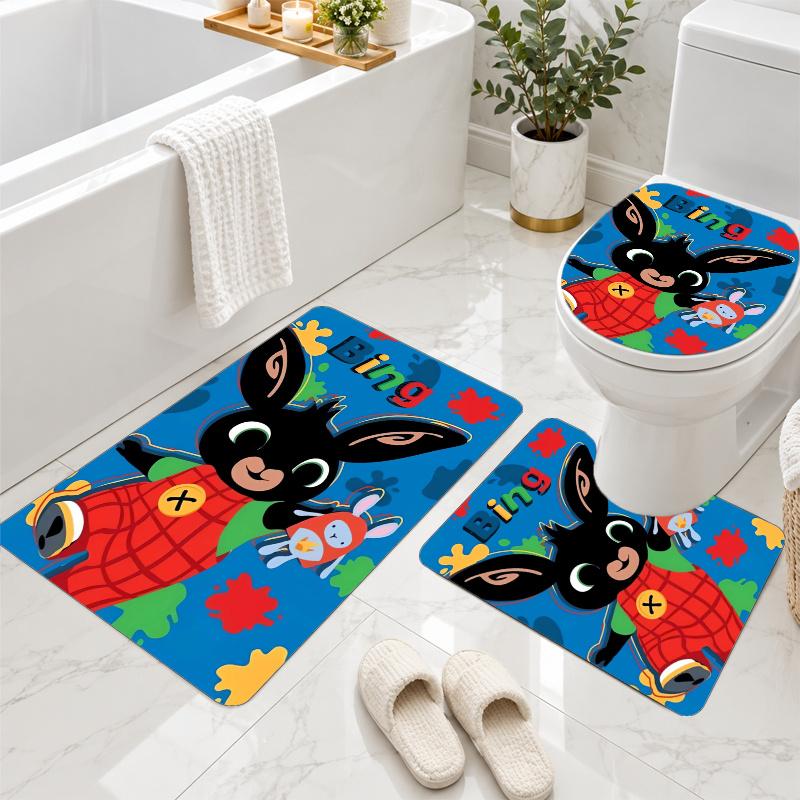 3Pcs Flannel Toilet Mat Set Bing Bunny Bathroom Rug Non Slip Bath Carpet Home Decor