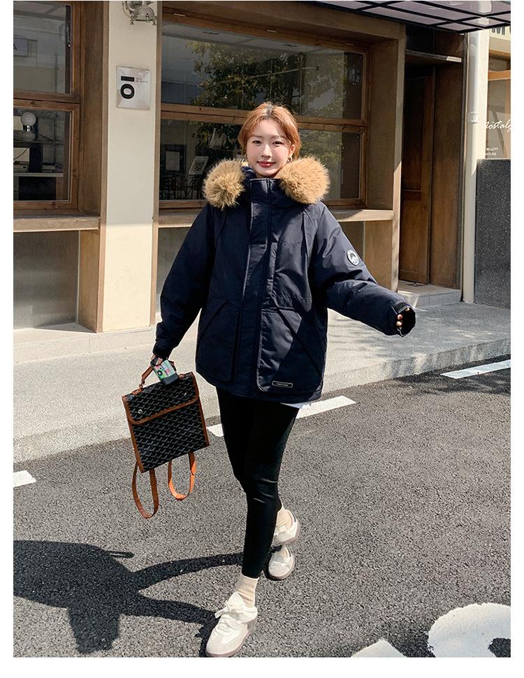 Damekåpe for høst og vinter Ensfarget Hette Pelskrage Kort Løs Fortykket Vindtett Fasjonabel Damejakke