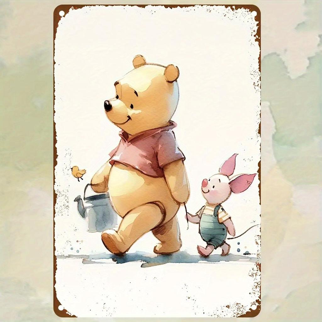 1pc Winnie the Pooh & Piglet Metal Wall Art - 30.48x20.32 cm Traditional Iron Design with Watercolor Illustration, Charming Outd