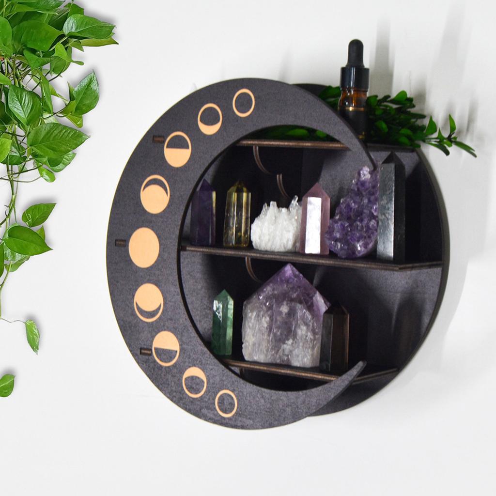Moon Shelf for Stone and Crystal Essential Oil Display Wood Accent Shelf Storage Rack Organizer Bohemian Wall Decoration