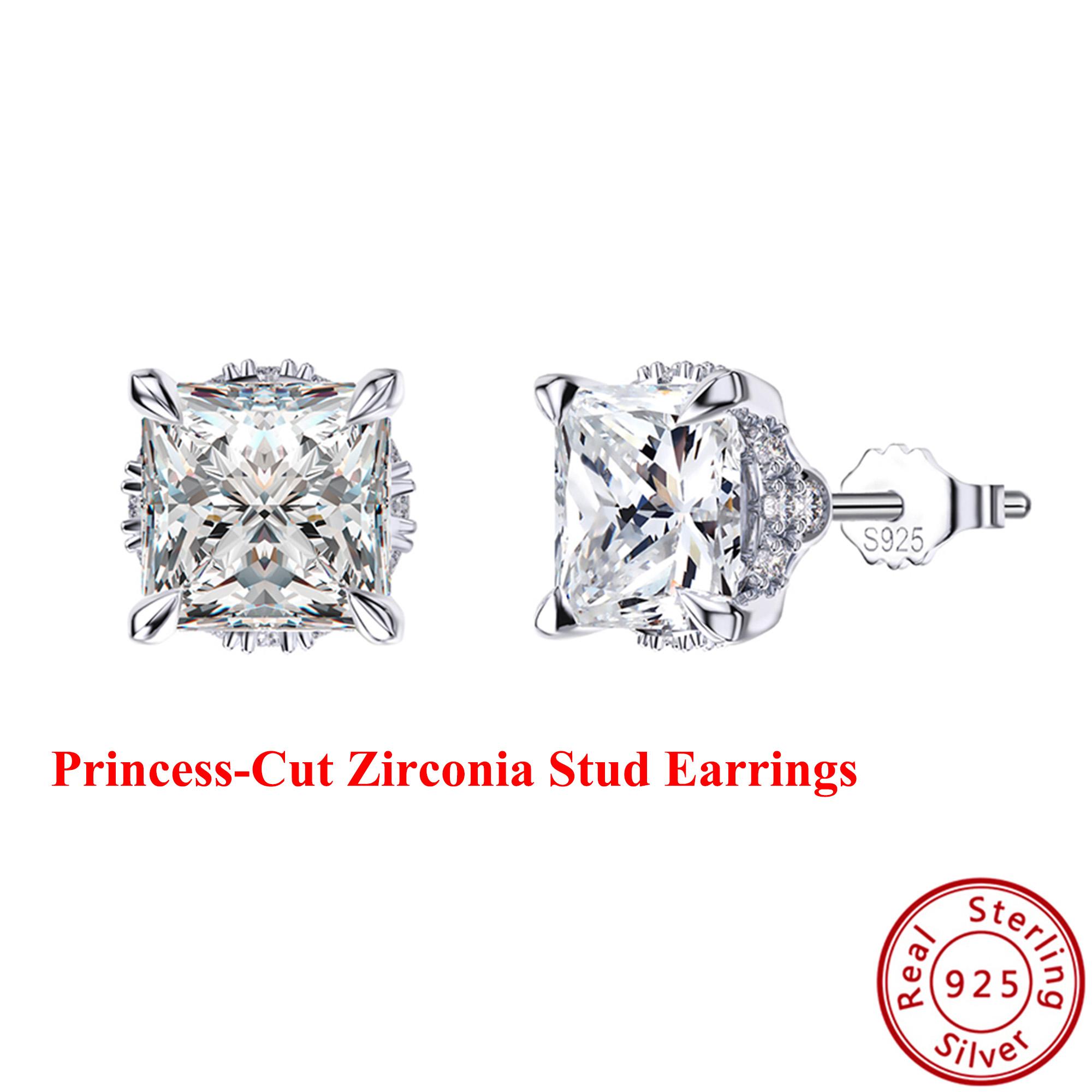 

Effie Queen Genuine 925 Silver Sparkling Princess-Cut 8A Zirconia Stud Earrings Luxury Jewelry for Women Ear Wedding Party LZE01