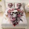 Pink Rose Skull Fitted Sheet Set 3D Print Dark Romantic Bedding Set Soft Breathable Microfiber Fabric For Adults Bedroom Decor