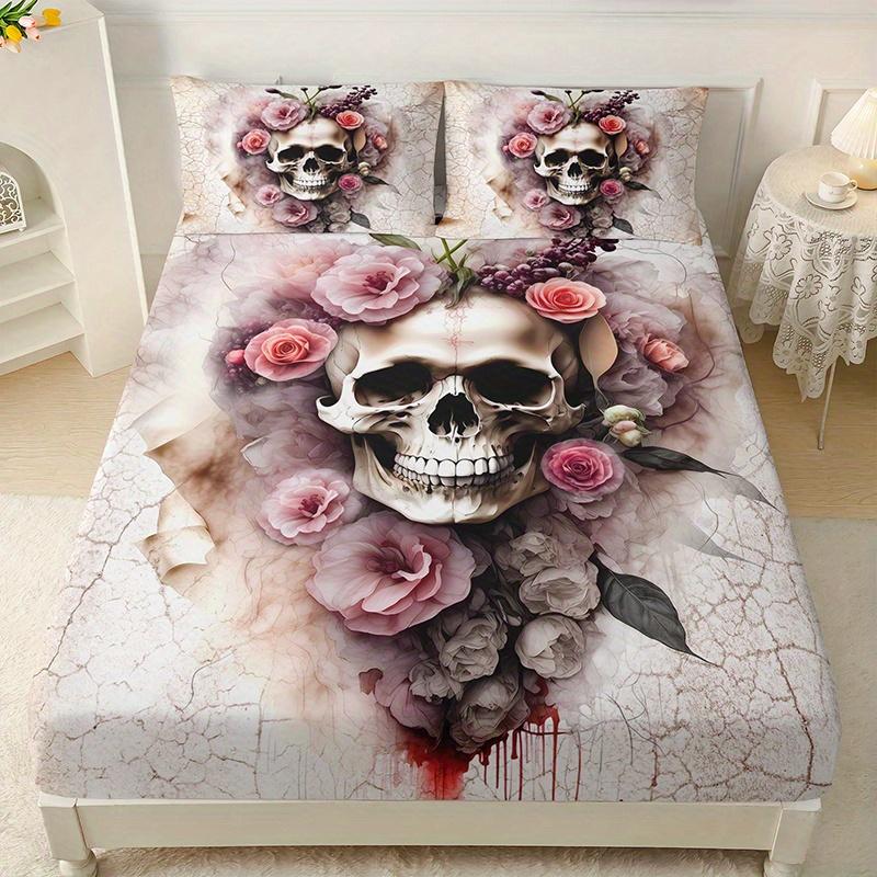 Pink Rose Skull Fitted Sheet Set 3D Print Dark Romantic Bedding Set Soft Breathable Microfiber Fabric For Adults Bedroom Decor