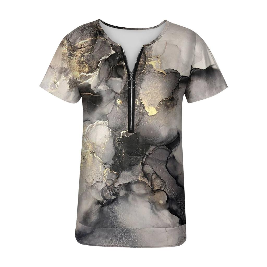 Trendy Summer Shirts Womens Fashion Casual Printed Casual T-Shirt Short Sleeve Zippered V-Neck Pullover Blouse Tops