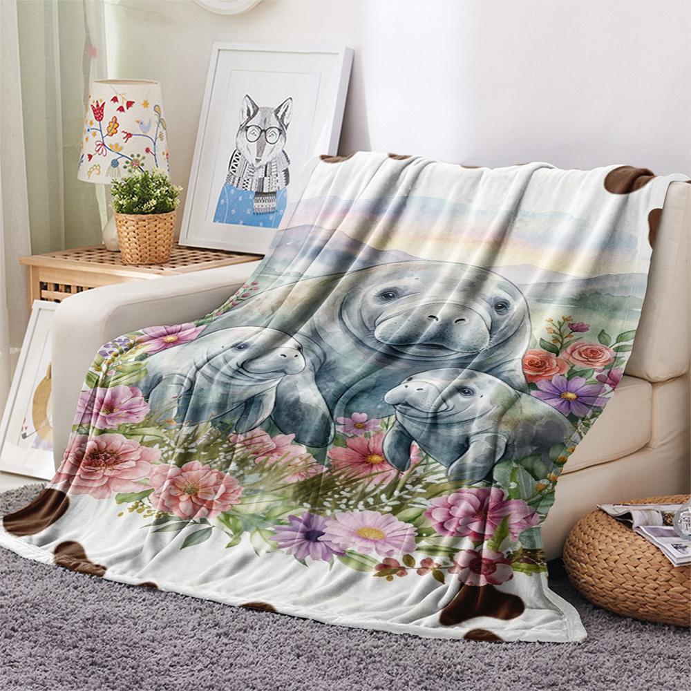 1PC Floral Cow Animals Print FlAannel Blanket, High quality Comfortable for All Seasons, Home Decor, Warmth and Comfort