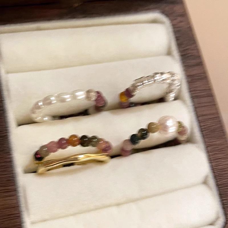 Vintage Tourmaline Pearl Ring for Women, Non-Fading, Unique Design, Index Finger Ring with Colorful Beads and Broken Silver.