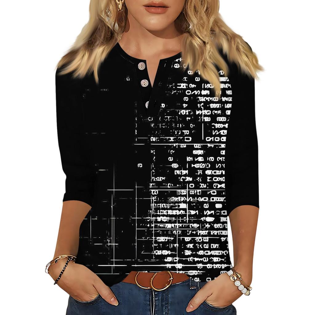 Dámské tričko s potiskem, knoflíky, 3/4 rukávy, pro každý den, na víkend, módní, základní, s výstřihem do V, běžný top